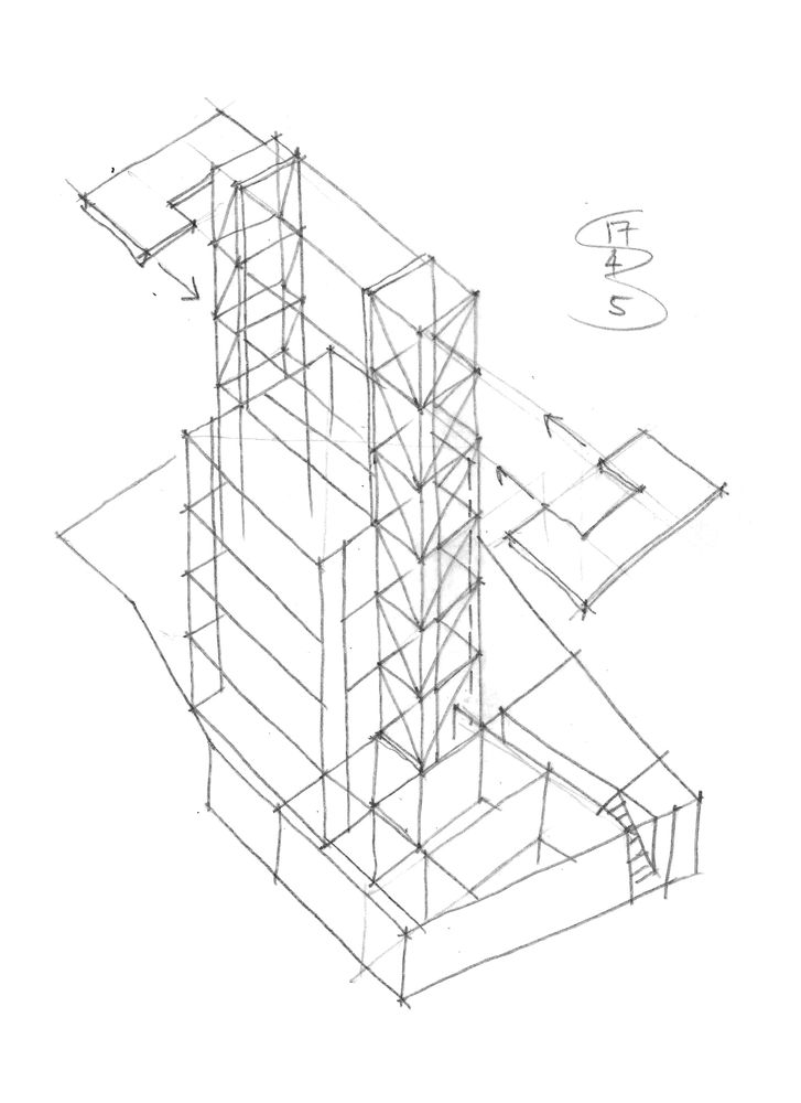 **concept**

the concept of this small building is structural as the North and South exterior vertical circulation, respectively lift and staircase are made of a metal construction work and express as buttresses potentially connected to each other as the last roof level.
Below and in between, the upper blade and lower cubic parts, both made of concrete.