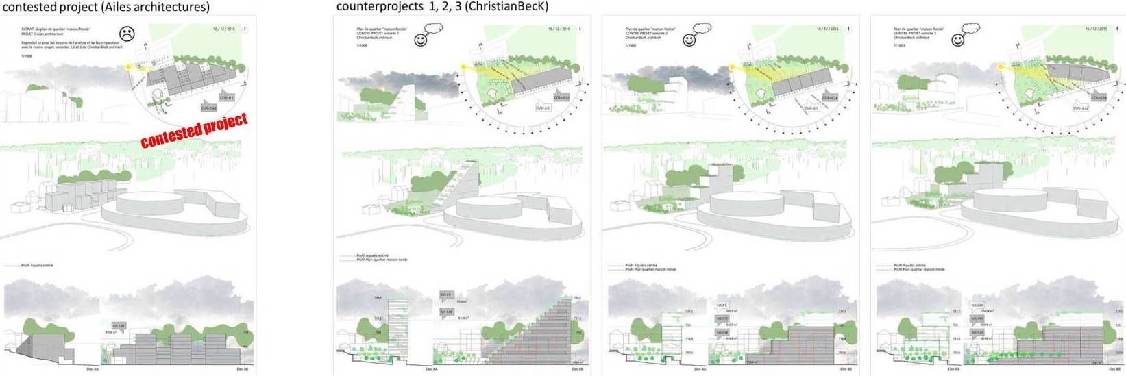 **comparison**
 
* 3  counter-projects variations are provided to demonstrate that the COS can be reduced by 2 and the CUS raised by around 20% if a project is designed according the geomorphology, the sun orientation, the view and the built environment.

* the 3 variations of the counter-project are implanted in the slope between the road and the plateau, free of the plots pattern in order to keep the conch available for a green area.
next pages show each variations separately with green zone, view angle, and benefit from the sun orientation.