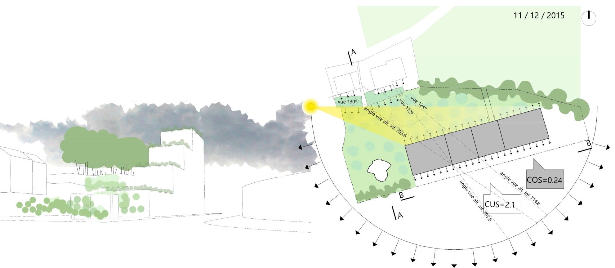 **counter-project 2.1**

* the west to east ascending concept allows the view from the road on the registered woodland cord (to compare with contested project). 

* above the first and second terraces plots 7315 and 7316 preserve their view within angles between 112 to 130 degrees.