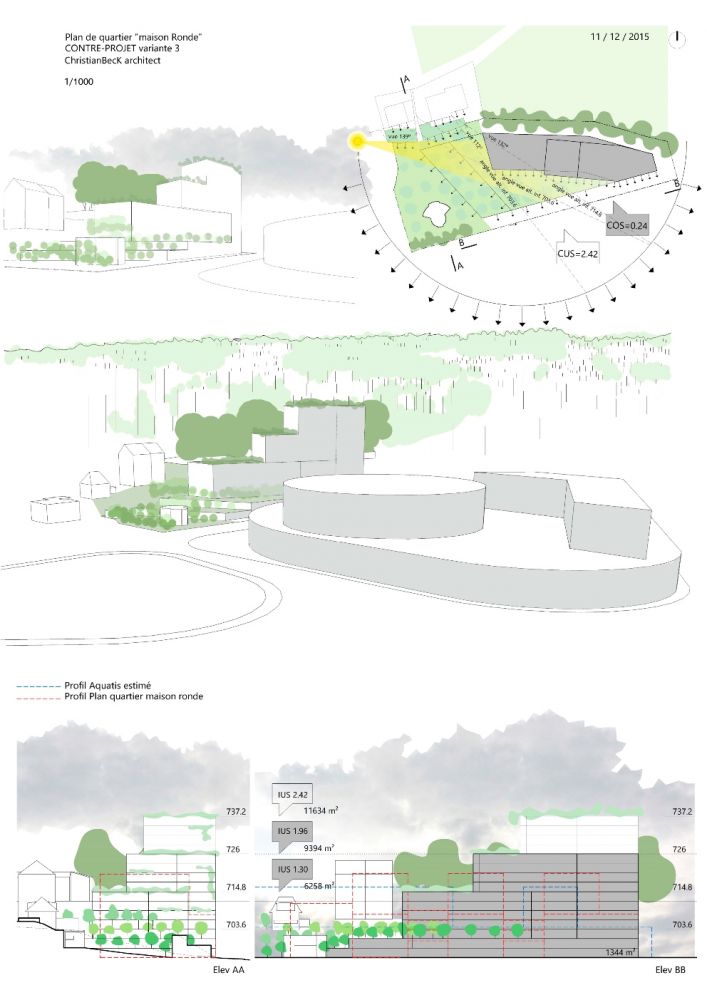 **counter-project 3**

* the counterproject differs from variation 1 and 2 by its implantation along the woodland cord with a space in the south which extend the green space of the conch above a platform.

* this variation better composes with the residential zone but the apartments crossing typologies would be affected by the construction of the building in the slope.